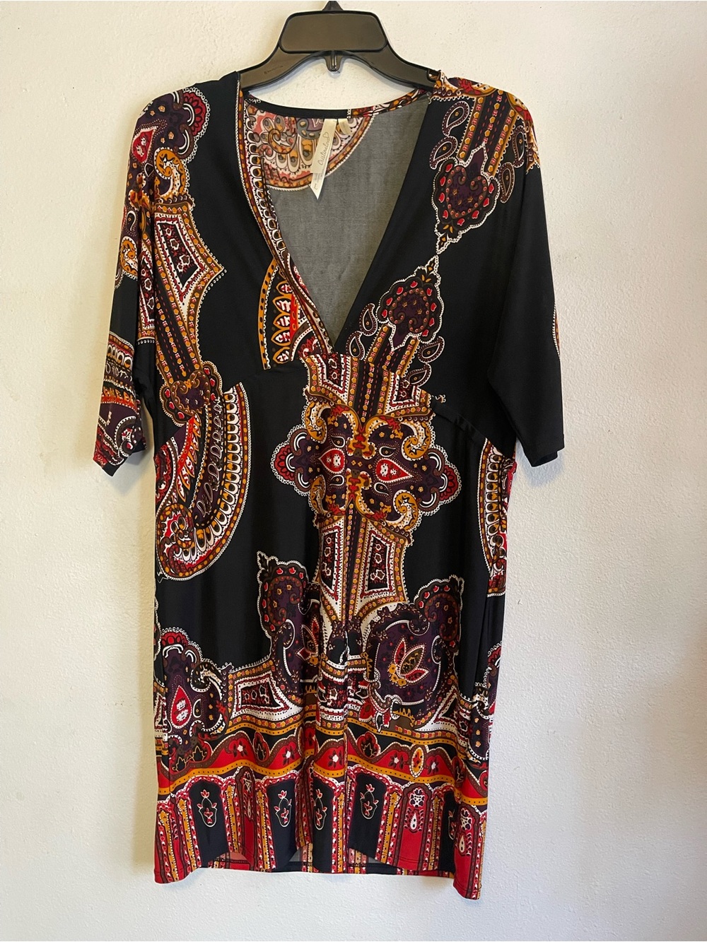 Cristinalove Paisley-Trim V-Neck Dress in Black with Red, Gold & Purple Accents